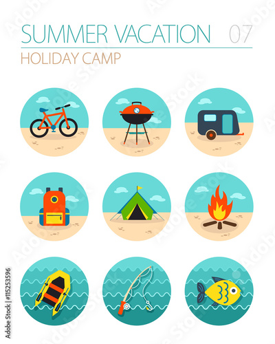 Summer camping icon set. Holiday