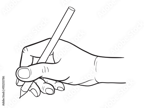 Simple line drawing of hand holding a pen.