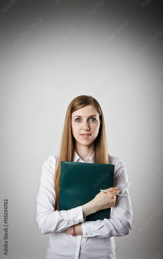 Woman in white is holding a folder. Woman in white is holding a folder.