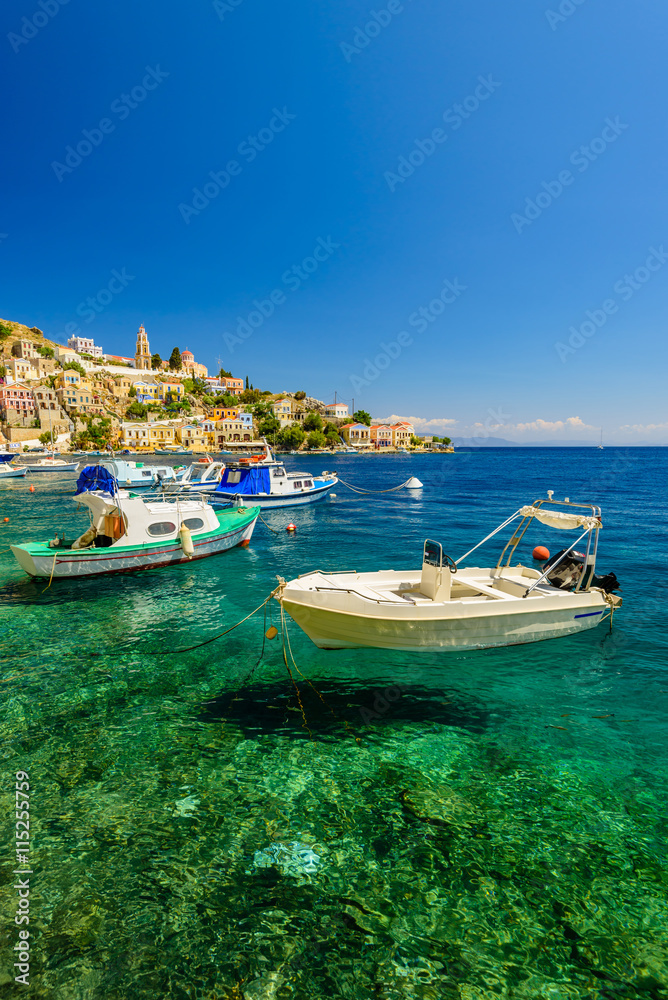 The picturesque coast of the island of Symi, a popular tourist destination, Symi island, Dodecanese, Greece.