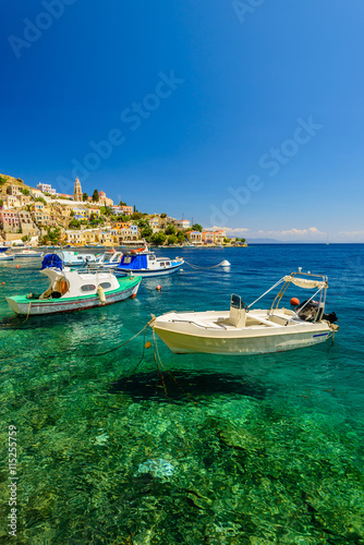 The picturesque coast of the island of Symi, a popular tourist destination, Symi island, Dodecanese, Greece.