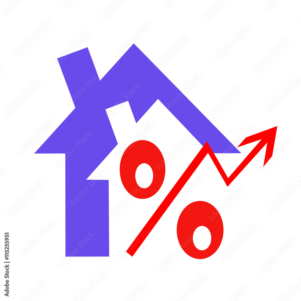 Red percent sign on the background of houses . The concept of price changes on the real estate market . Red percent sign on the background of houses . The concept of price changes on the real estate market .