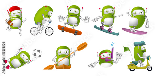 Vector set of green robots sport illustrations.