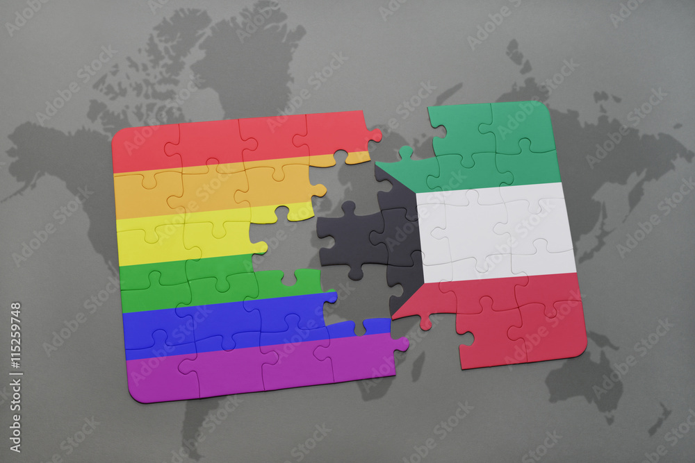puzzle with the national flag of kuwait and gay rainbow flag on a world ...