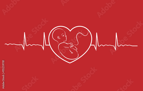 Baby on heart concept linear design vector. Heart beat graph of a pregnant woman.