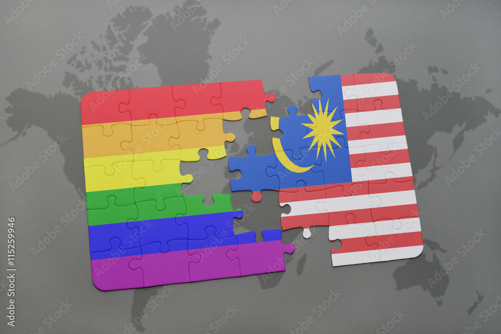 puzzle with the national flag of malaysia and gay rainbow flag on a ...
