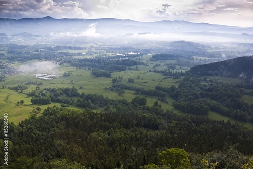 Summer aerial panorama of Kaczawskie, Rudawy Janowickie and Karkonosze Mountains in Poland