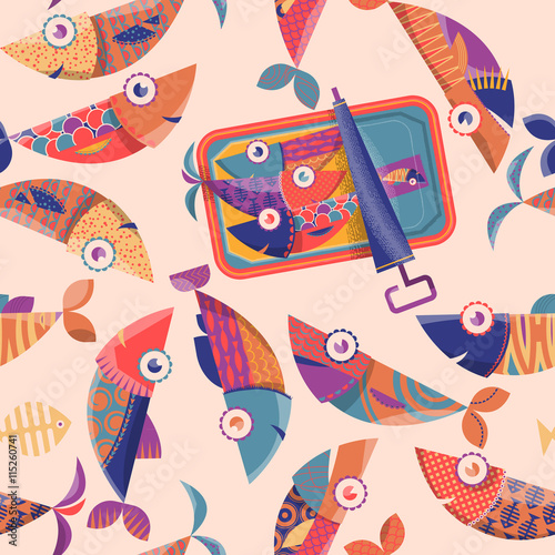 Can of sardines and multi-colored decorated fishes. Seamless background pattern. photo