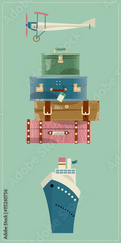 Stack of vintages suitcases. Bon Voyage card, retro style.