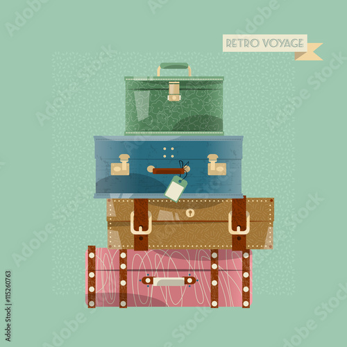 Stack of vintages suitcases. Bon Voyage card, retro style.