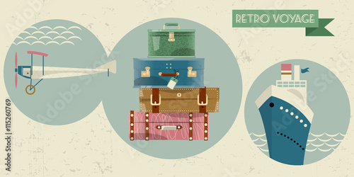 Stack of vintages suitcases. Bon Voyage card, retro style.
