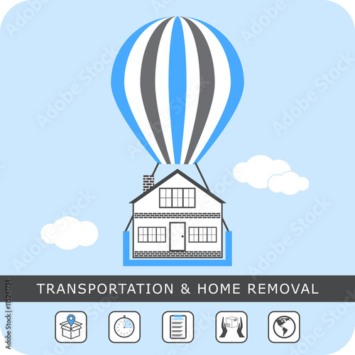 Transportation and home removal - stock vector. House on the balloon to move, flat design. 