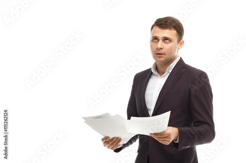 Businessman with papers roll one's eyes
