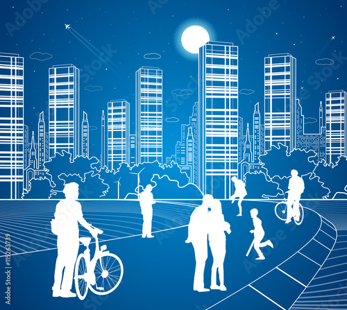City scene, people walk on the street, city's skyline on background, street life, night town, vector design art
