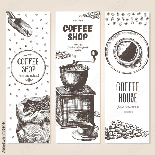 Banner set. Vector illustration in sketch style. Hand drawn coffee vertical banners. Line drawing