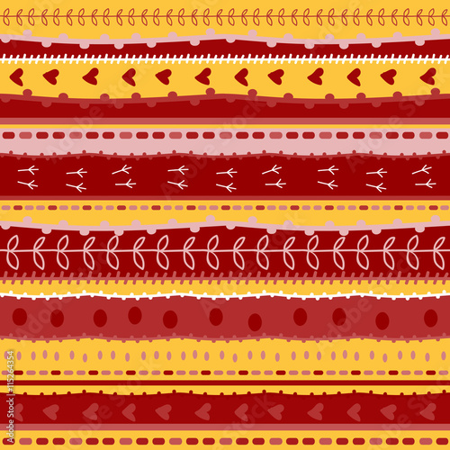 Vector background seamless pattern with embroidery stitches, hearts, dots, branches, bird footprints