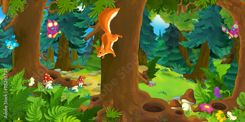 Fototapeta Kreskówki scena z szczęśliwą wiewiórką na drzewie w lesie - ilustracja dla dzieci