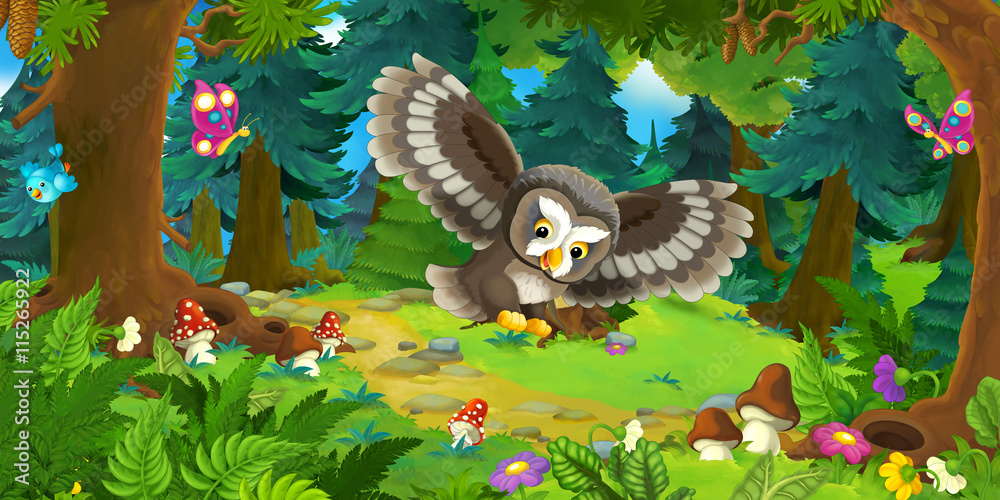 Obraz premium Cartoon scene with happy flying owl - in the forest - illustration for children