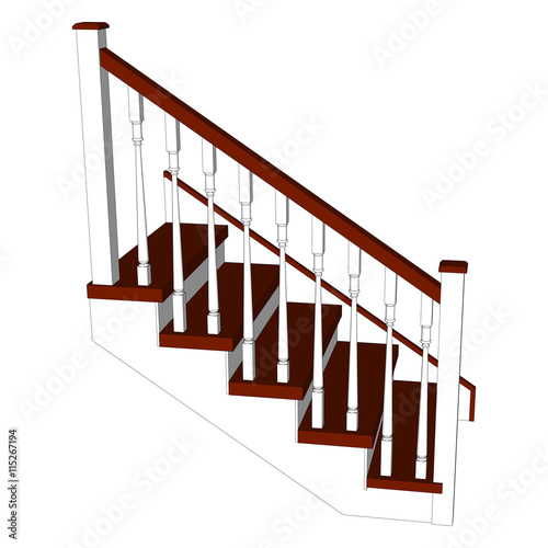 Stairs classical icon with fence. Ladder 3d front view isolated. Vector illustration on white background.