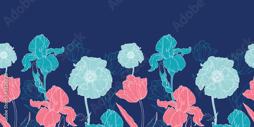 Vector Night Flowers Seamless Repeat Pattern Horizontal Border With Tulips, P...