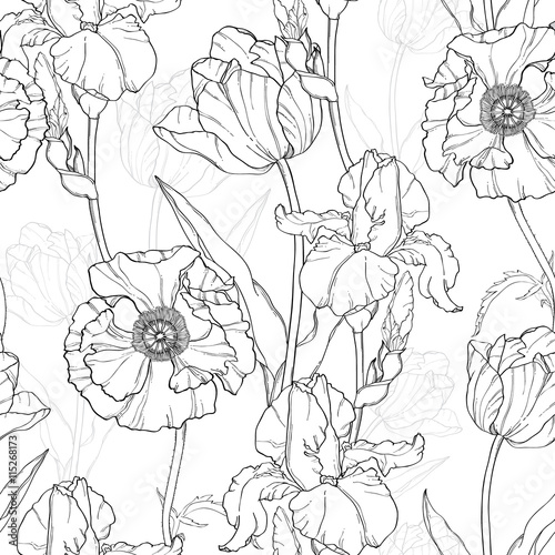 Vector Vintage Black White Flowers Drawing Seamless Repeat Pattern With Tulip...
