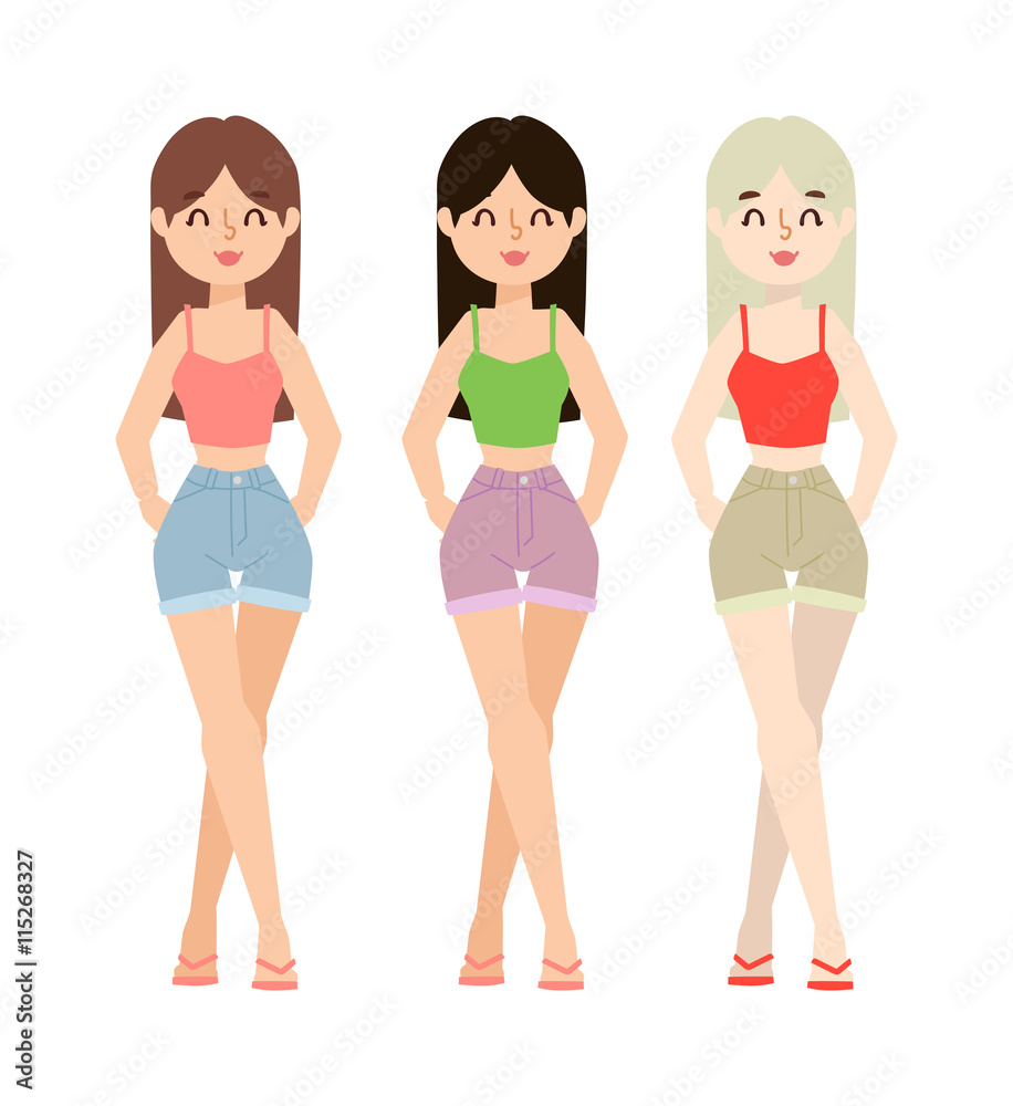 Funny glamor fashion girls and stylish vector. Flat smiling beautiful young woman model in bright hipster summer casual cloth. Fashion girl cute trendy teenage lifestyle. Funny glamor fashion girls and stylish vector. Flat smiling beautiful young woman model in bright hipster summer casual cloth. Fashion girl cute trendy teenage lifestyle.