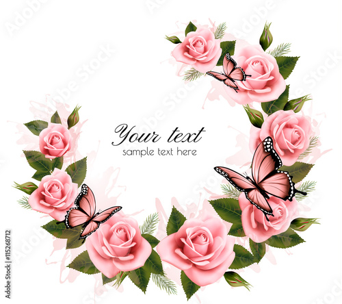 Holiday background with beauty flowers and butterflies. Vector.