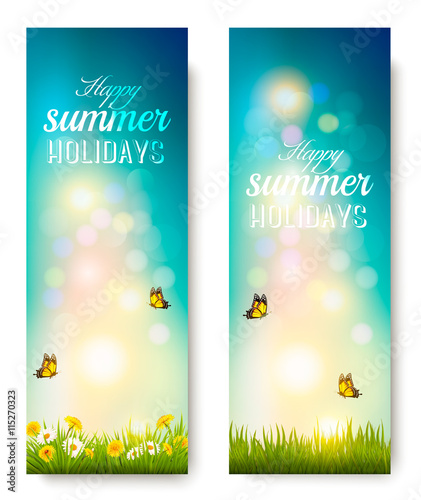 Happy summer holidays background with flowers, grass and butterf