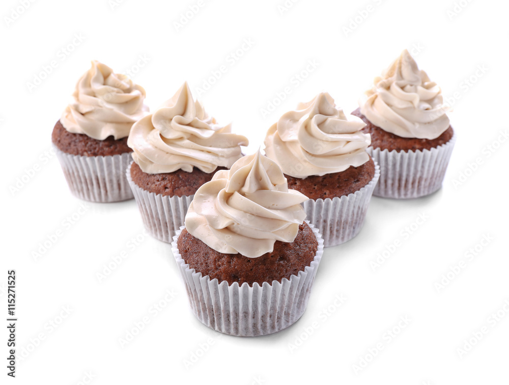 Tasty chocolate cupcakes, isolated on white Tasty chocolate cupcakes, isolated on white