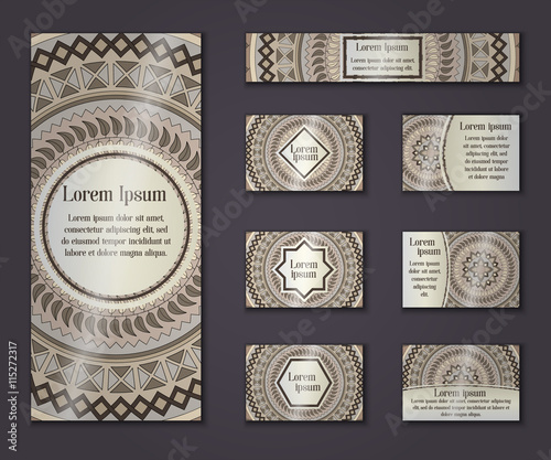 Vector vintage business and invitation card set. Floral mandala pattern ornaments. Oriental design Layout. Islam  Arabic  Indian  ottoman motifs.