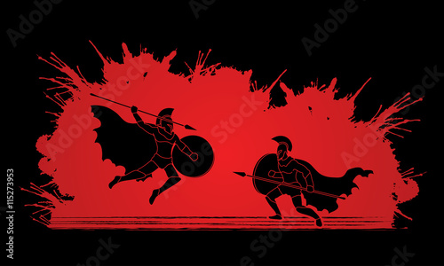 Spartan warrior fighting with a spear designed on splatter blood background graphic vector.