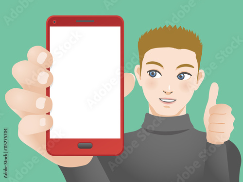 male character holding smart phone and good hand sign, vector illustration