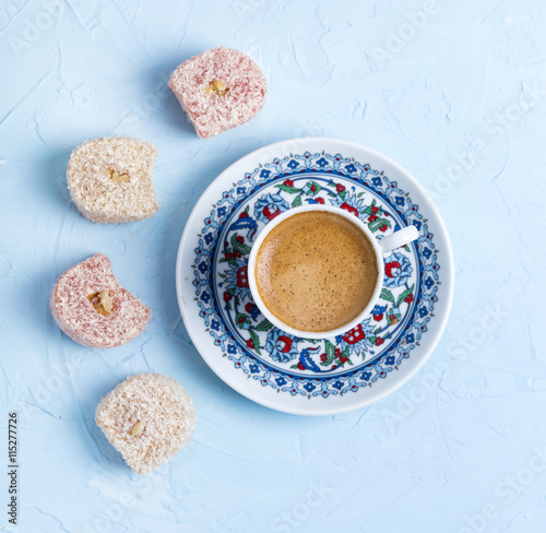 Turkish lokum and coffee photo
