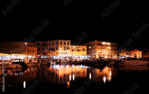 Horizontal evening Greece pier reflection cityscape background