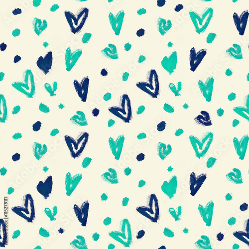 Stylish pattern with teal and blue watercolour hearts