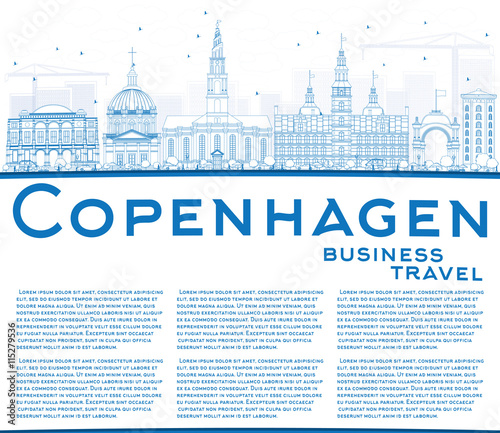 Outline Copenhagen Skyline with Blue Landmarks and Copy Space.