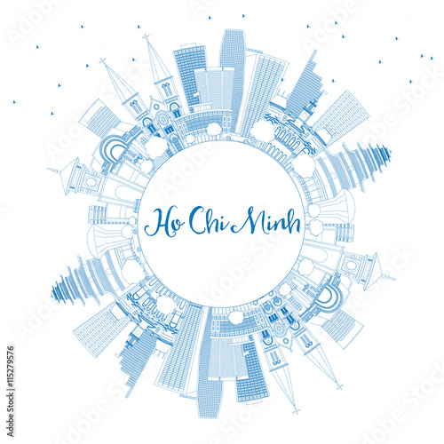 Outline Ho Chi Minh Skyline with Blue Buildings and Copy Space.