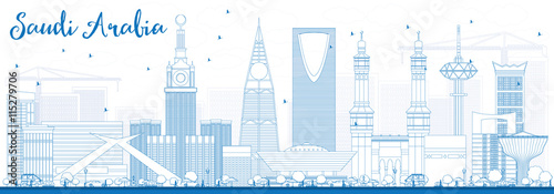 Outline Saudi Arabia Skyline with Blue Landmarks.