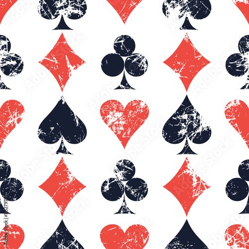 Vector seamless patterns with icons of playings cards. Creative geometric white, red, black grunge backgrounds. Texture with cracks, scratches, attrition. Series of Gaming, Gambling Seamless Patterns.