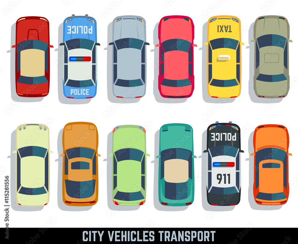 Naklejka Cars top view vector flat city vehicle transport icons set. Automobile car for transportation, auto car icon illustration