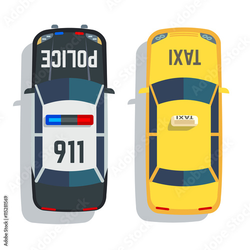 Police and taxi cars top view vector set. Car for taxi and police, illustration transport taxi and auto police view top