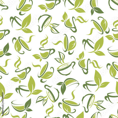 Tea cups with leaves seamless pattern background