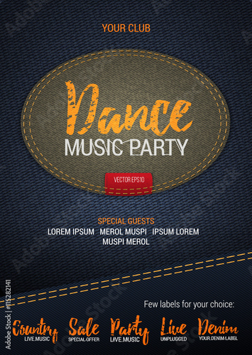 Dance Music Party flyer or banner with denim background. Vector template with denim label. Caption thread. Print.