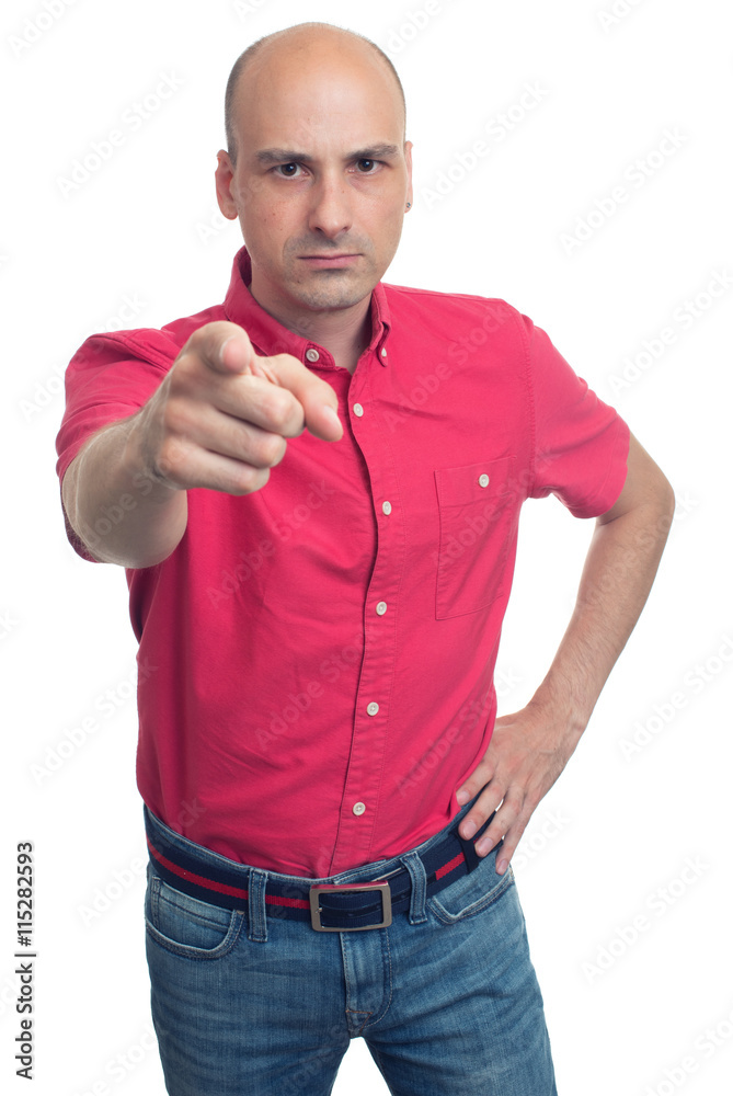 angry bald man pointing finger at you. Isolated angry bald man pointing finger at you. Isolated