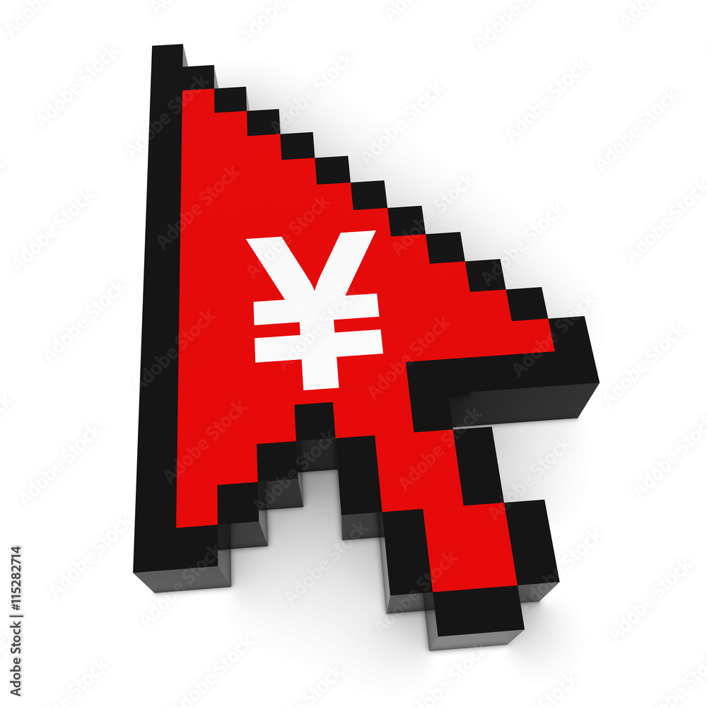 Obraz premium Red Yen Symbol Pixelated Arrow Cursor 3D Illustration