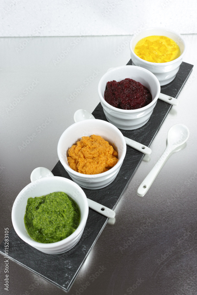 Healthy snacks - four colorful vegetable mousses Healthy snacks - four colorful vegetable mousses