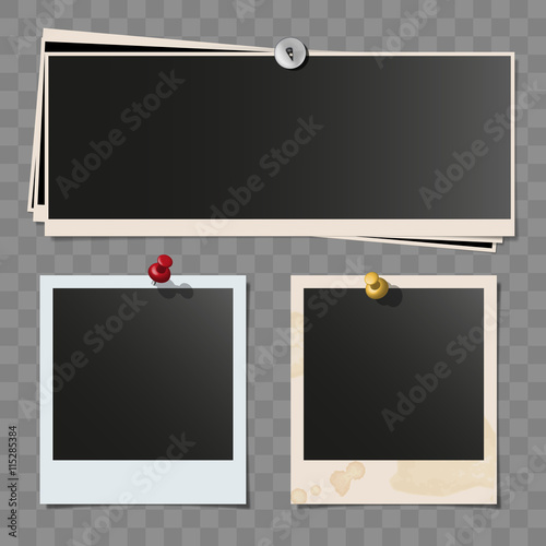 Photo polaroid frames on wall attached with pins. Retro wide dirty photo vector set isolated on white background. Wide pile of pinned frames.