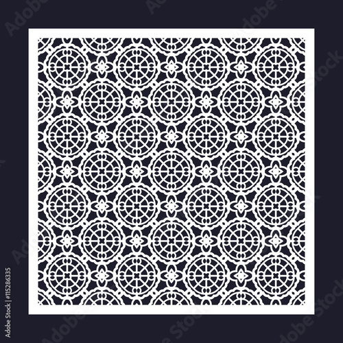 Laser cutting template for greeting cards, envelopes, wedding invitations. Openwork square frame with geometric pattern.