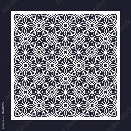 Laser cutting template for greeting cards, envelopes, wedding invitations. Openwork square frame with geometric pattern.