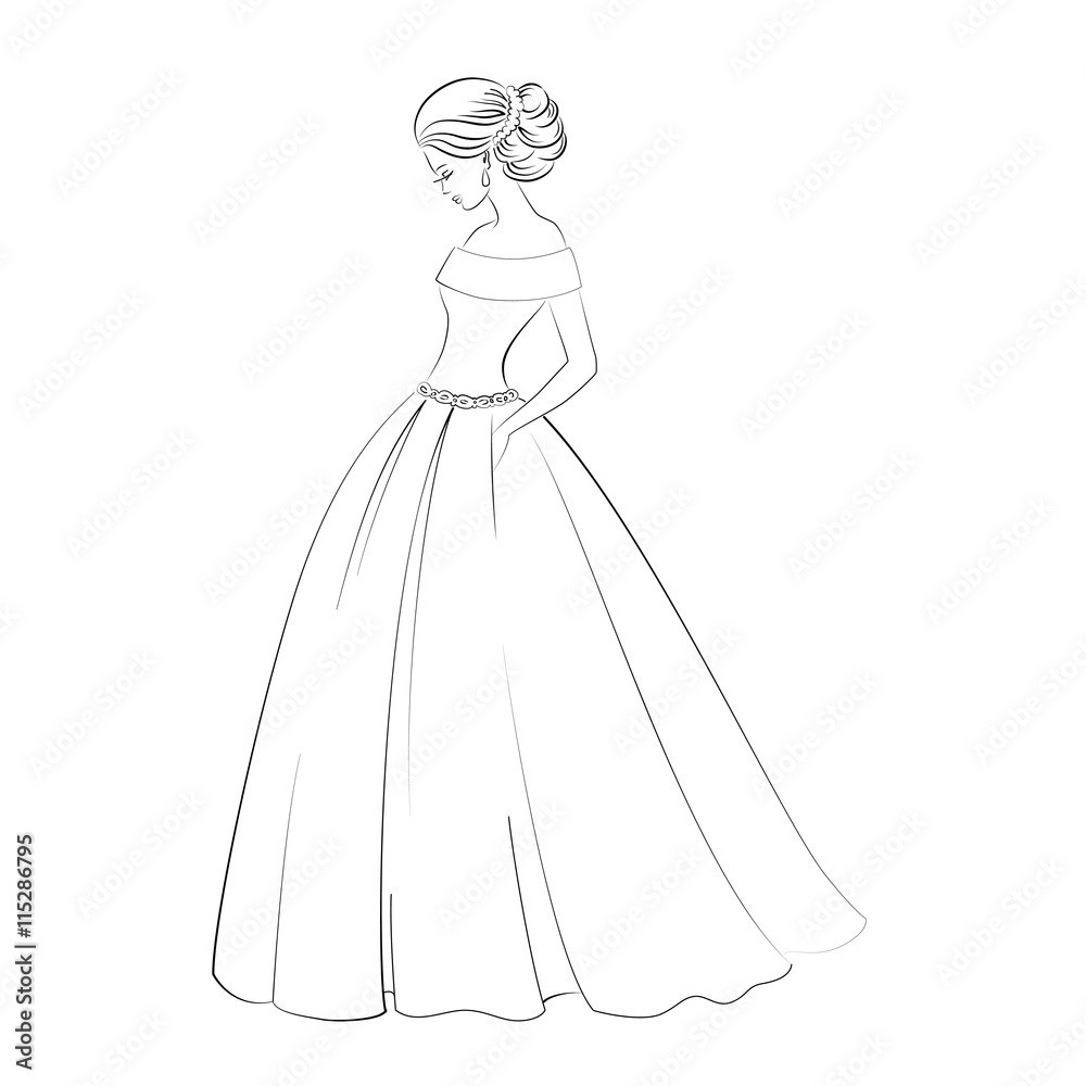 Vector bride model contour outline illustration of pretty young